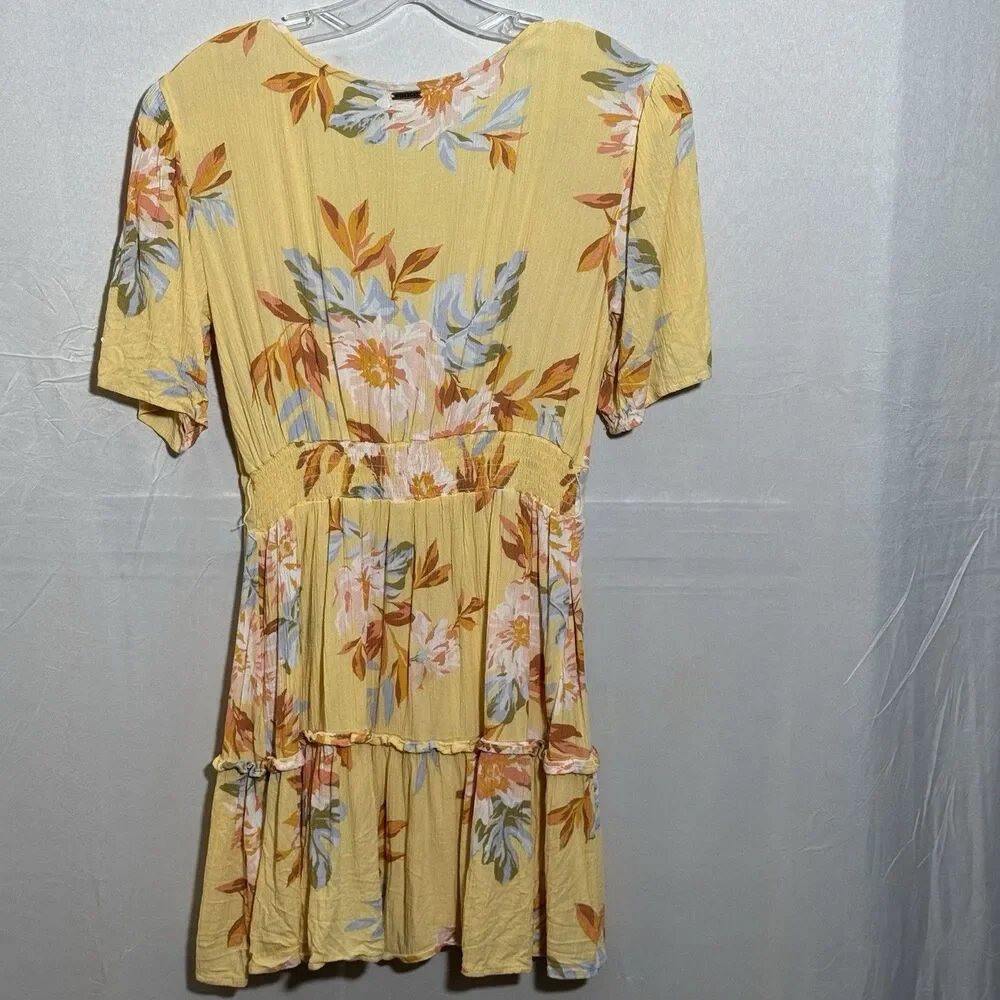 Billabong Yellow Floral Dress XS Boho Mini Empire Waist Short Sleeve Summer - Picture 2 of 8